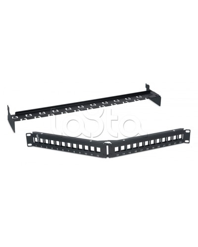 Патч-панель угловая модульная 19, 1U, 24 порта RJ-45, для неэкранированных модулей, с задним кабельным организатором (без модулей) Cabeus PLB-24-CON в Орле Патч панель Pintop.ru