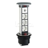 Блок розеточный встраеваемый в стол, 4 поста (45х45) IP54, с выключателем нагрузки (алюм+нерж.сталь) Экопласт 70334