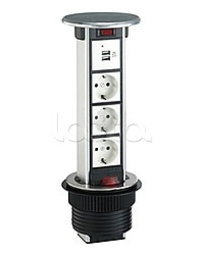 Блок розеточный встраеваемый в стол, 4 поста (45х45) IP54, с выключателем нагрузки (алюм+нерж.сталь) Экопласт 70334 в Орле Блоки розеток Pintop.ru