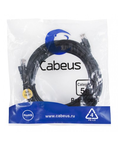 Патч-корд UTP, категория 5e, 5 м, неэкранированный, черный Cabeus PC-UTP-RJ45-Cat.5e-5m-BK в Орле Патчкорды (медные) Pintop.ru