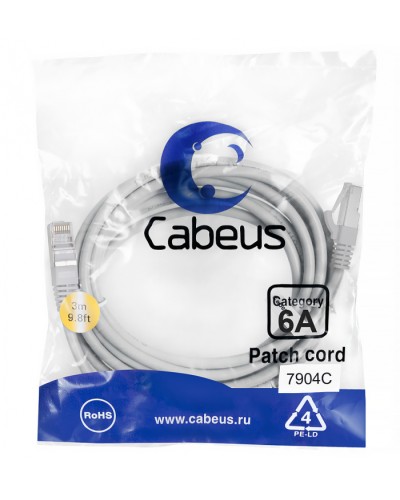 Патч-корд SSTP, категория 6a, 10G, S/FTP экранированный, LSZH, 3 м, серый Cabeus PC-SSTP-RJ45-Cat.6a-3m-LSZH в Орле Патчкорды (медные) Pintop.ru