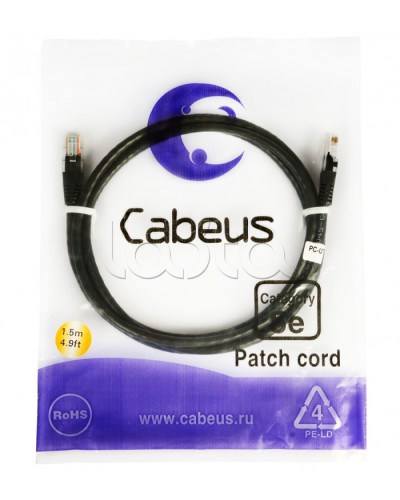 Патч-корд 2xRJ-45/8P8C U/UTP кат.5е (2 м) Cabeus PC-UTP-RJ45-CAT.5E-2M-BK в Орле Патчкорды (медные) Pintop.ru