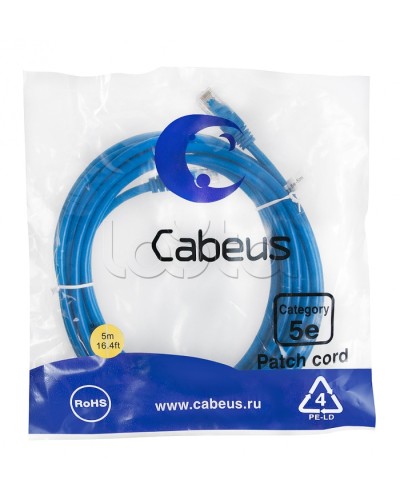 Патч-корд UTP, категория 5е, 5 м, неэкранированный, синий Cabeus PC-UTP-RJ45-Cat.5e-5m-BL в Орле Патчкорды (медные) Pintop.ru