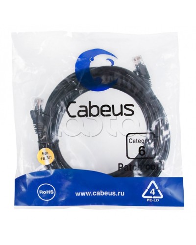Патч-корд UTP, категория 6, 5 м, неэкранированный, черный Cabeus PC-UTP-RJ45-Cat.6-5m-BK в Орле Патчкорды (медные) Pintop.ru