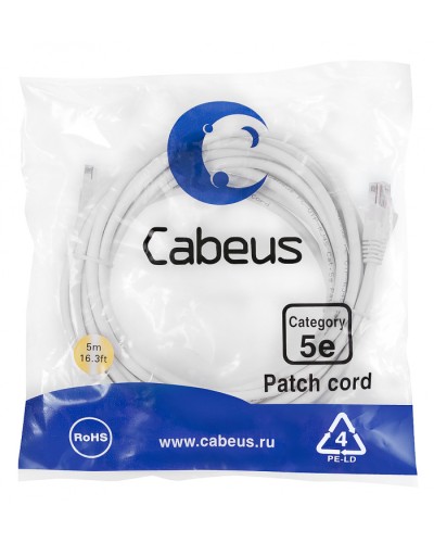 Патч-корд медный U/UTP кат.5е (5м) LSZH (белый) Cabeus (PC-UTP-RJ45-Cat.5e-5m-WH-LSZH) в Орле Патчкорды (медные) Pintop.ru
