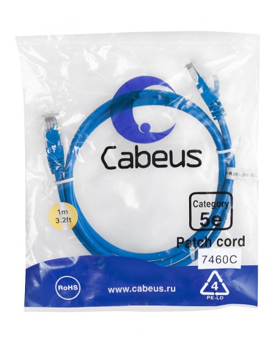 Патч-корд медный U/UTP категория 5е (1м) LSZH (синий) Cabeus (PC-UTP-RJ45-Cat.5e-1m-BL-LSZH) в Орле Патчкорды (медные) Pintop.ru